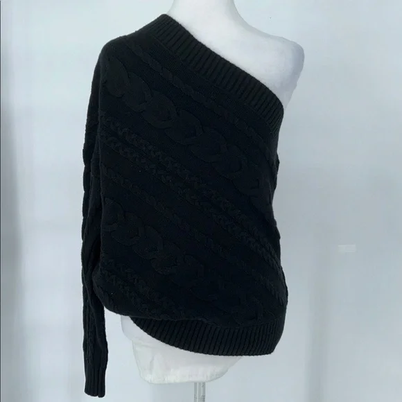 L'AGENCE Zoey Cable Knit Merino Wool one shoulder black sweater size Large - Picture 5 of 10